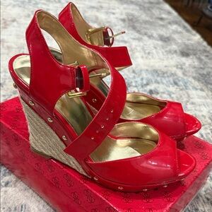 Guess Red Patent Wedge Sandals - Women size 9.5